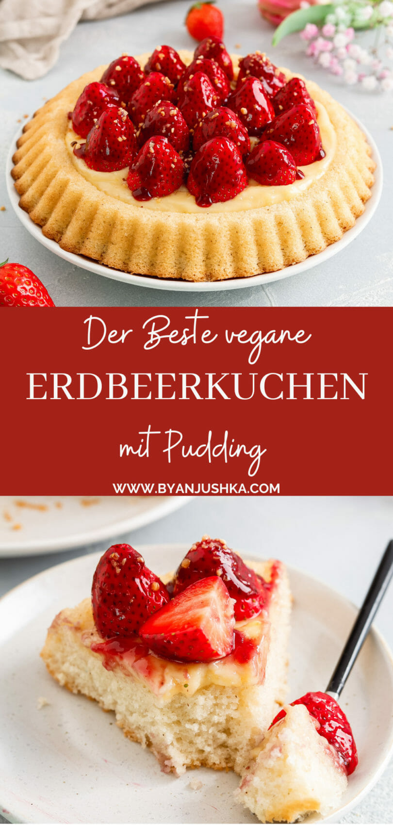 Collage für das Rezept "Veganer Erdbeerkuchen mit Vanillepudding" zum Teilen auf Pinterest