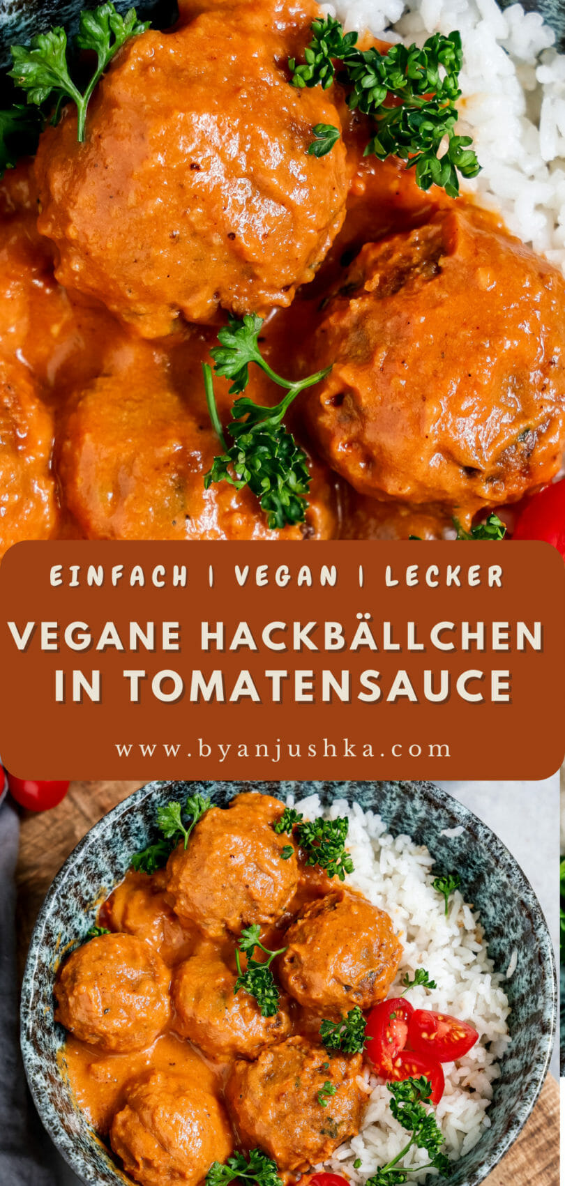 Collage für das Rezept "Vegane Hackbällchen in Tomatensauce" zum teilen auf Pinterest