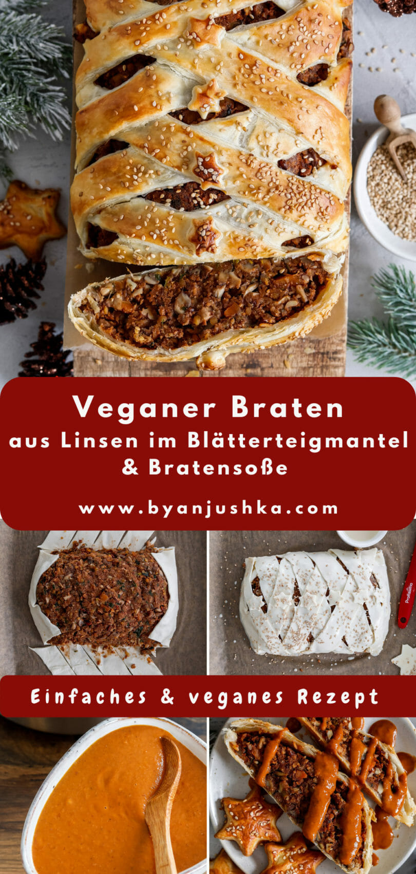 Collage für das Rezept "Veganer Braten im Blätterteigmantel mit Bratensoße" zum teilen auf Pinterest