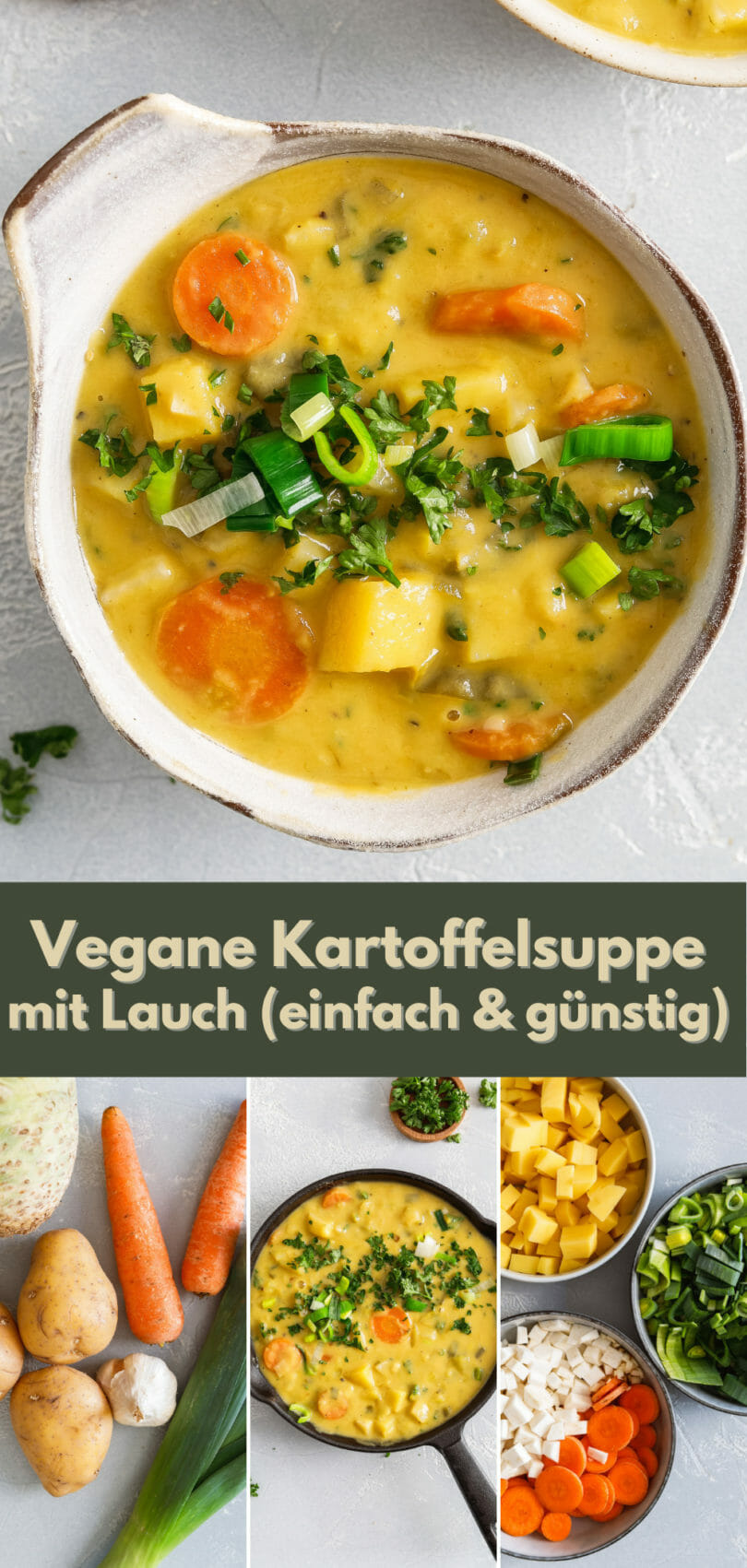 Collage für das Rezept "Vegane Kartoffelsuppe mit Lauch" zum Teilen auf Pinterest