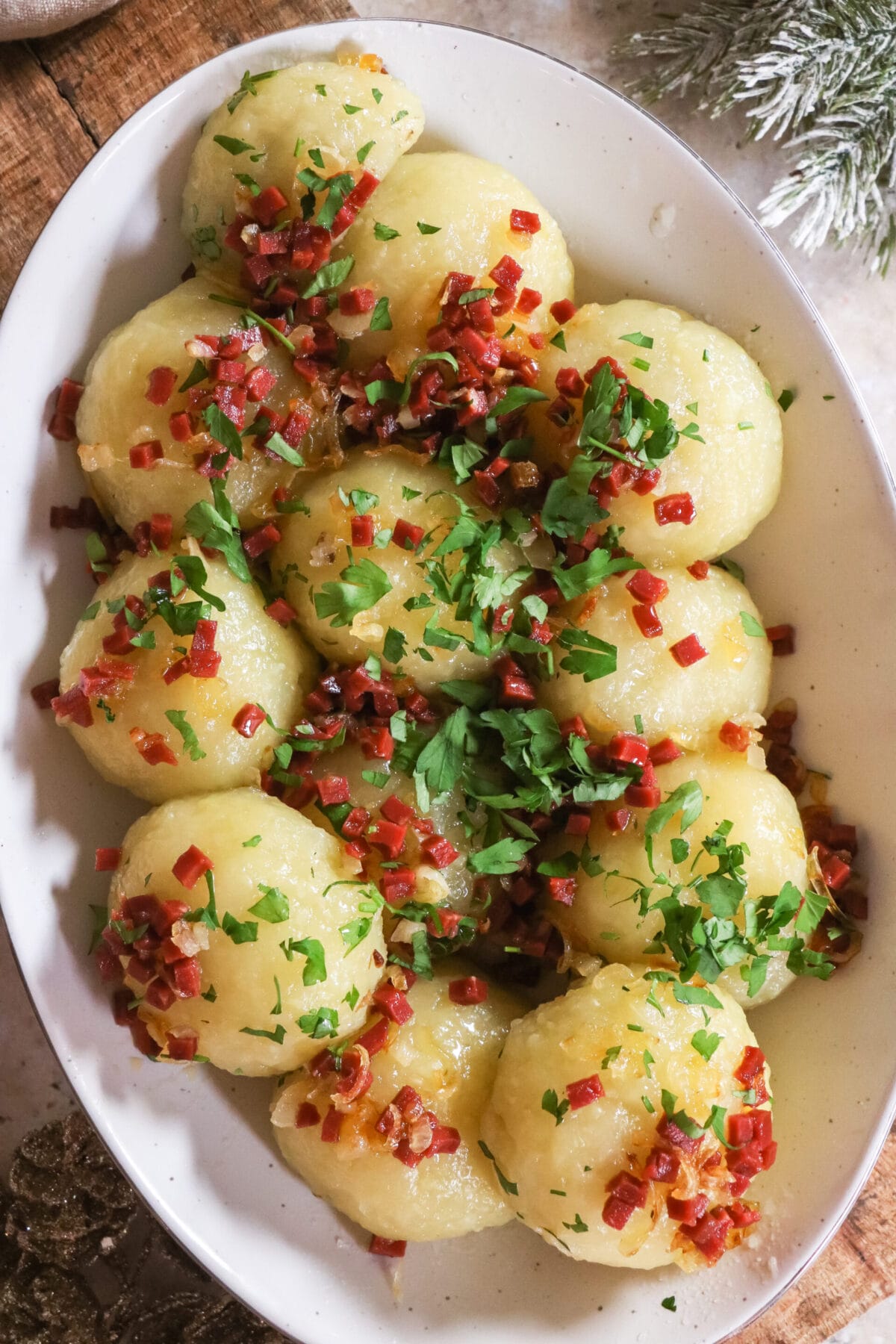 Gefüllte Klöße (Knödel) mit Pilzen – vegan, mit Speck &amp; Zwiebeln