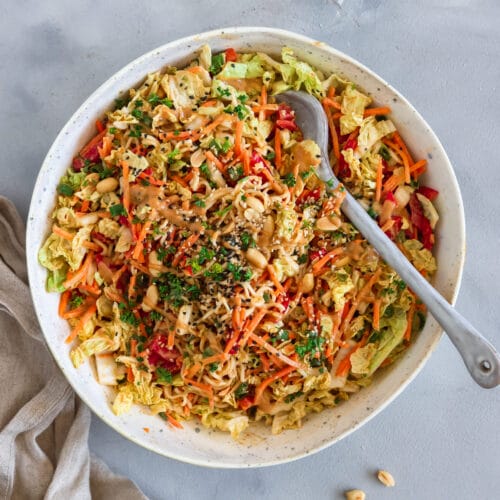 Nahaufnahme eines asiatischen Nudelsalats aus Mienudeln, Chinakohl, Karotten, Paprika und Frühlingszwiebeln mit gerösteten Erdnüssen, Sesam und cremigem Erdnuss-Kokos-Dressing.