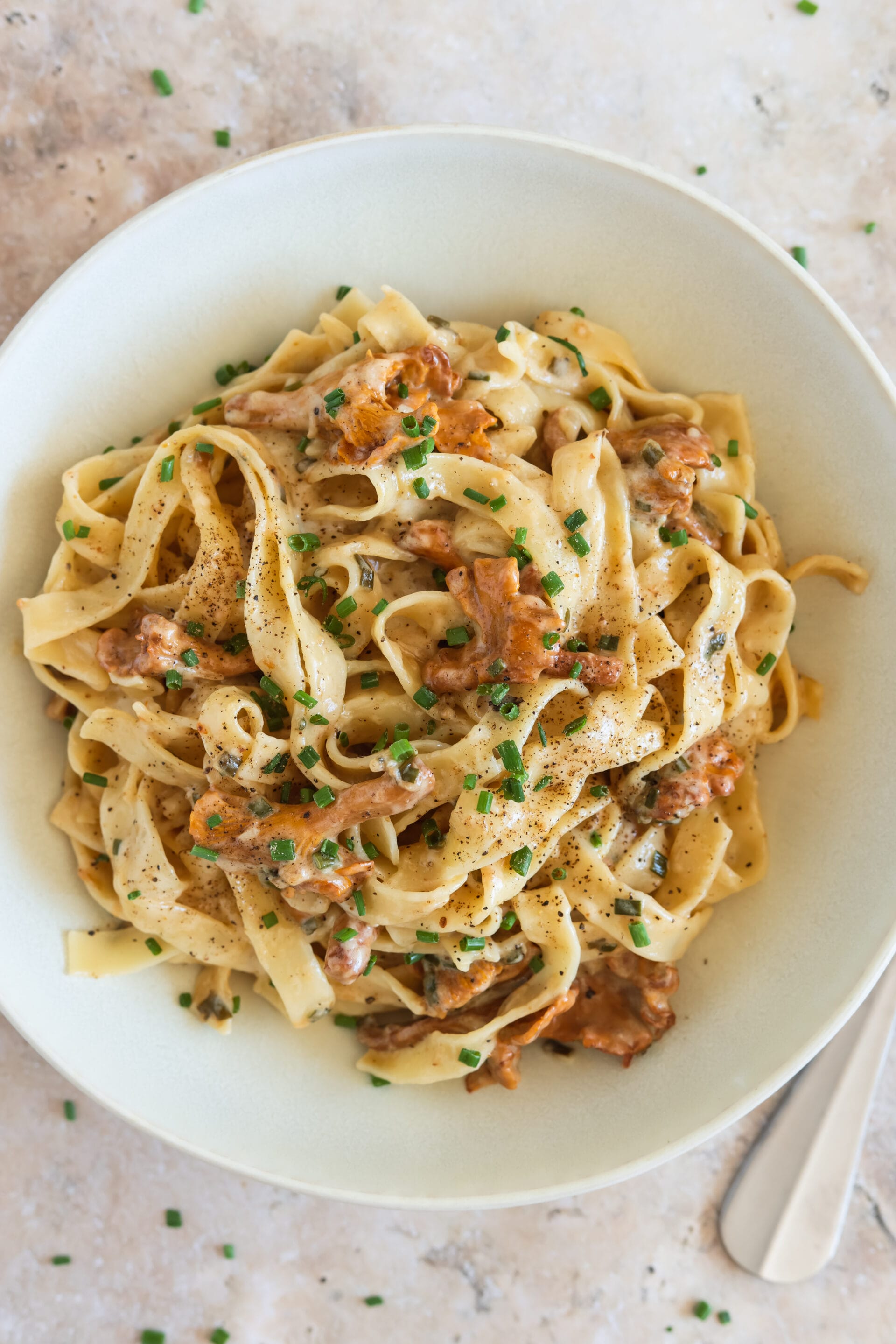 Nahaufnahme von veganer Pfifferling Pasta mit cremiger Sauce, Pfifferlingen und Schnittlauch, angerichtet in einer Schale mit Gabel.