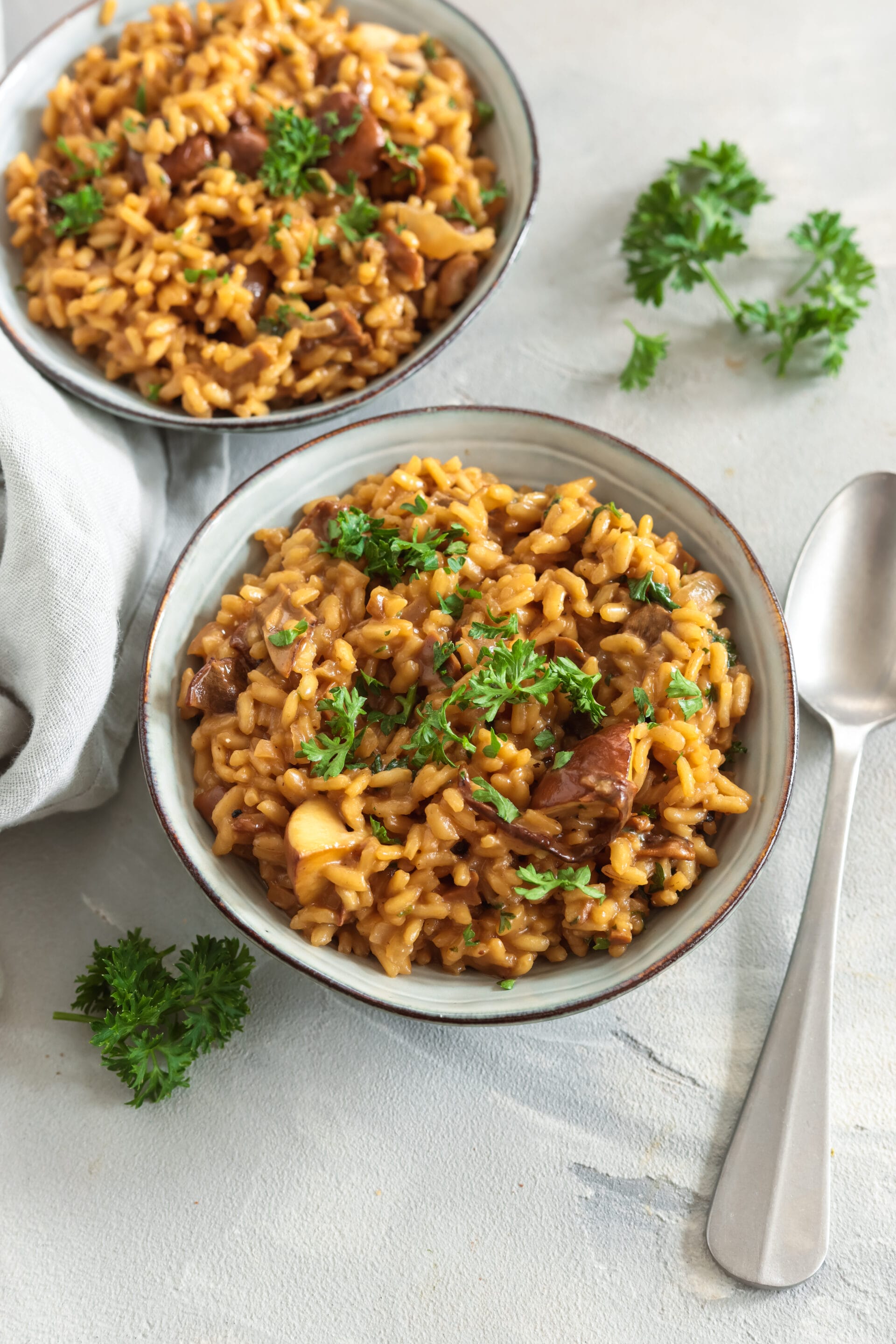 Veganes Steinpilzrisotto mit Pilzstücken und frischer Petersilie in einer Keramikschale.